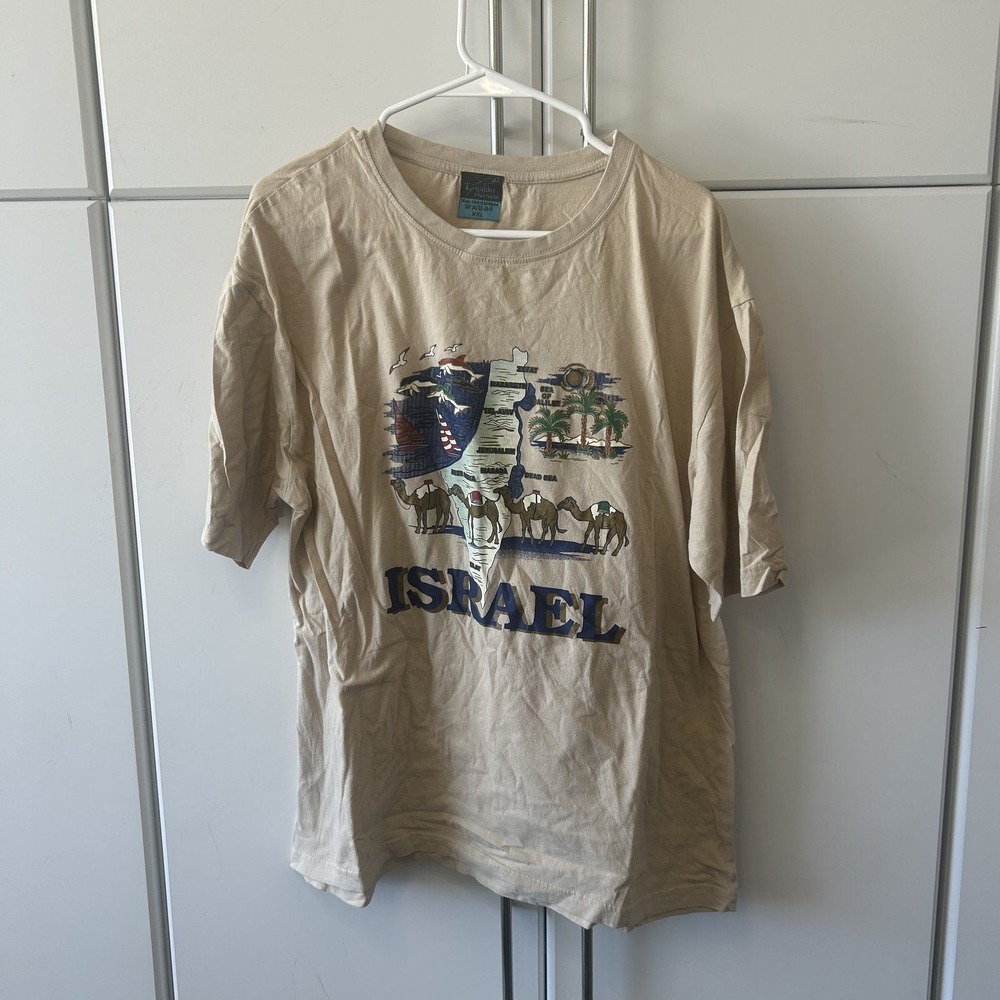 T-Galilee Israel Souvenir Graphic T-Shirt Tan XXL Map Camels Landmarks